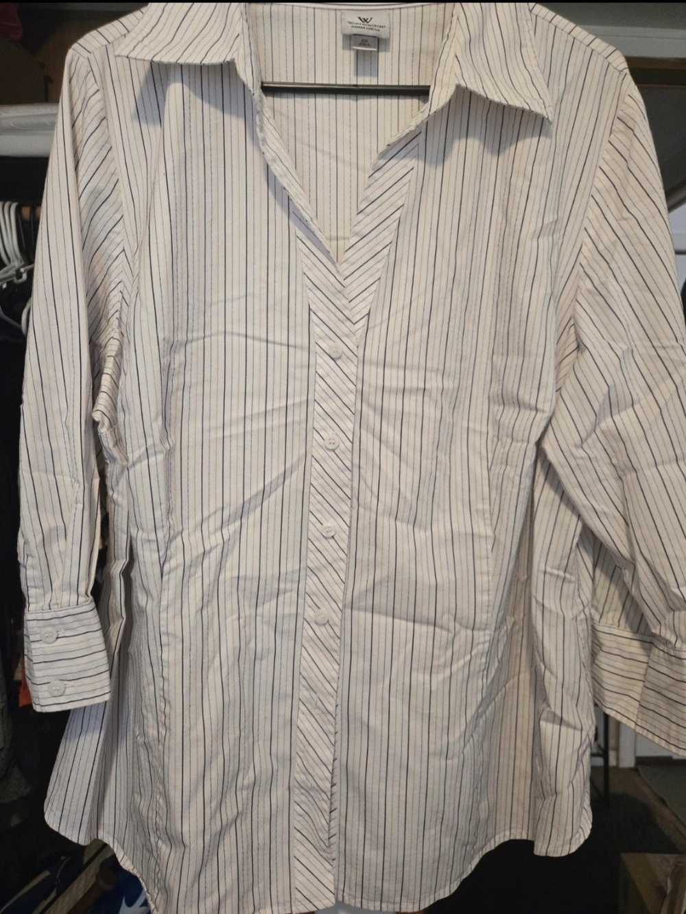 Worthington White Button-Up Shirt with Navy Pinstripes